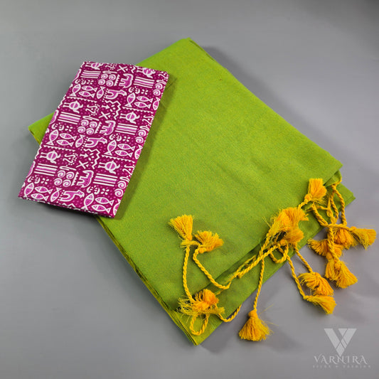 PLAIN KHADI COTTON WITH KALAMKARI BLOUSE | VSFKC172